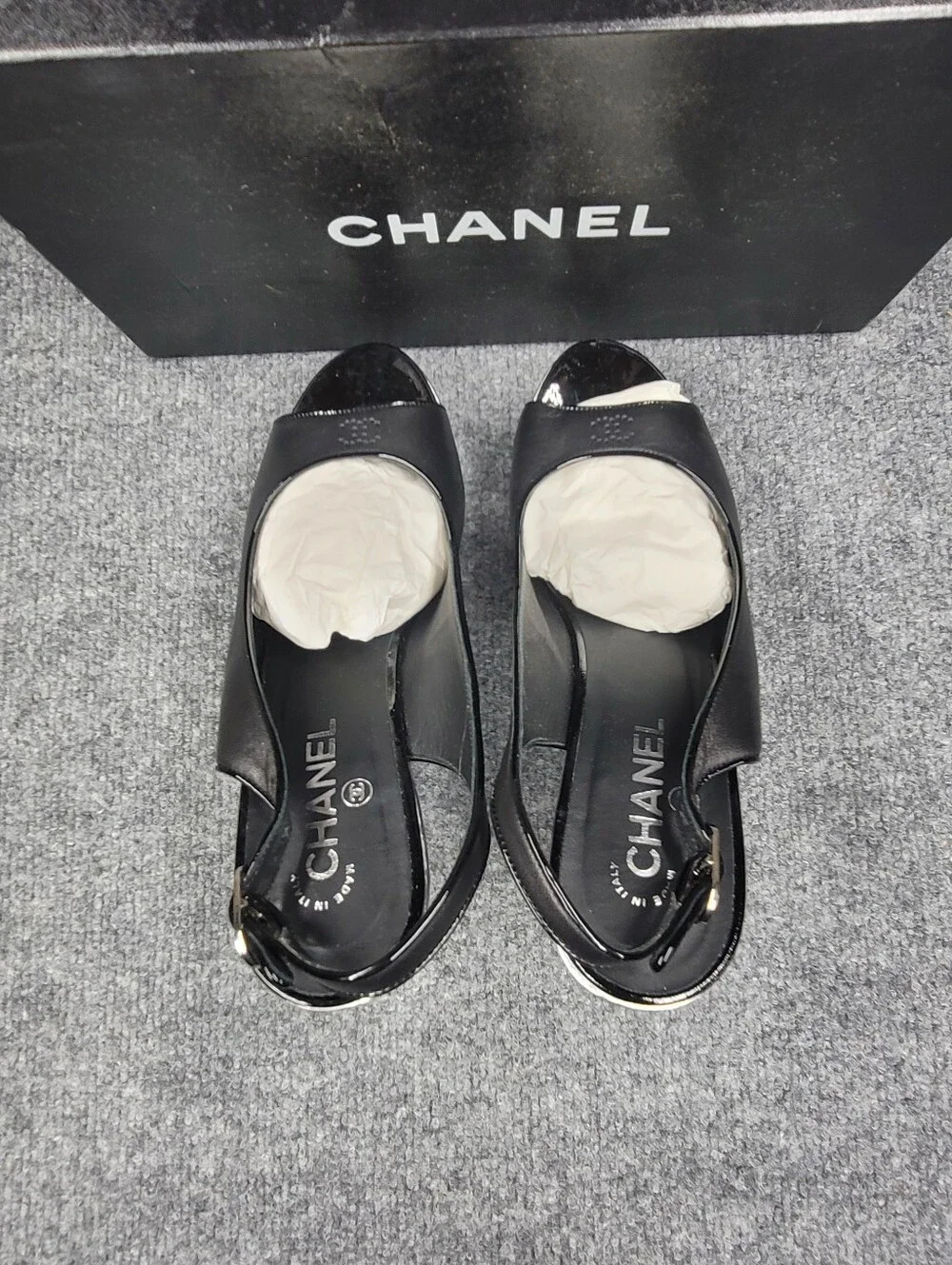 Chanel Black Leather Silver Wedge Peep Toe Sling Back Sandals Size 41